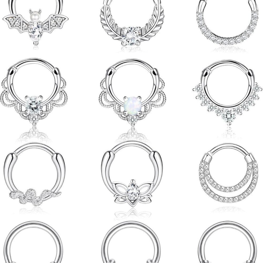 12Pcs Stainless Steel Septum Rings with CZ Opal and Unique Styles Piercing Jewel
